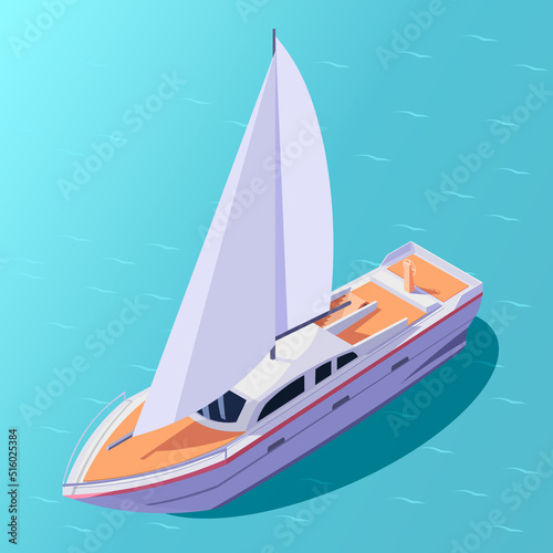 Yachts isometric icon. Travel ship. Luxury marine cruise boat. Yachting 3d vessel. Fishing sea cruise. Tourism water transport for river or lake. Vector illustration