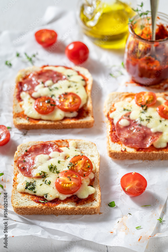 Tasty and homemade toasts for lunch as a quick appetizer.