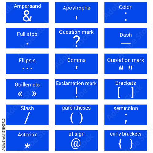 list of punctuation marks in English grammar vector illustration on white background