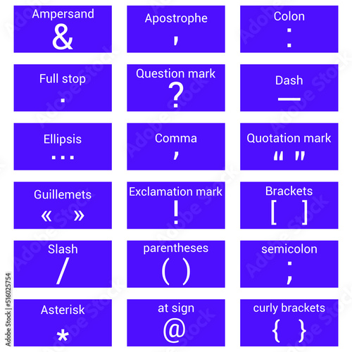 list of punctuation marks in English grammar vector illustration on white background