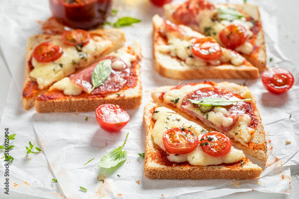 Fresh and tasty toasts for lunch as a quick appetizer.