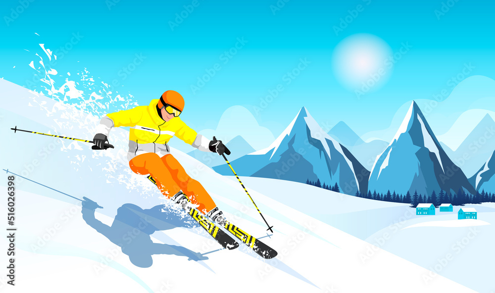 Advanced skier slides near mountain downhill. Sports descent on skis in mountains hills. Winter activity. Skiing in winter Alps. Winter sport resort with mountain landscape. Vector illustration - obrazy, fototapety, plakaty 