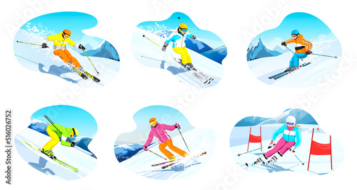 Set of skiers isolated on white background. Colorful skier rides. Winter sport characters slides in mountains. Ski actions: downhill, slalom, freeride, freestyle. Skiing in Alps. Vector illustration