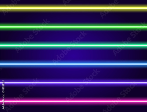 Retro neon set multi colored, great design for any purposes. Modern abstract color backdrop. a set of horizontal multi-colored lines of bright neon glow in the dark