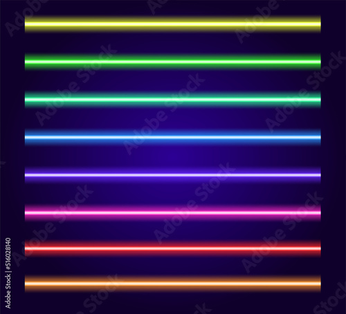 Retro neon set multi colored, great design for any purposes. Modern abstract color backdrop. a set of horizontal multi-colored lines of bright neon glow in the dark