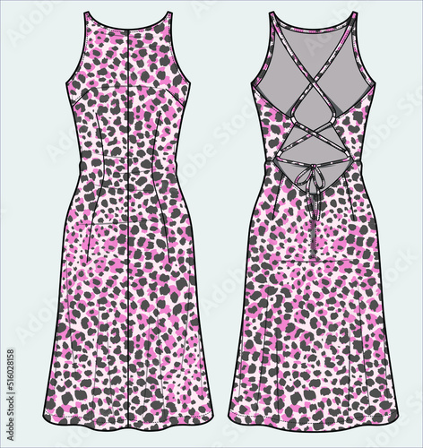 COLORED ANIMAL PRINT WITH BACK TIE UP DETAIL FIT AND FLARE MIDI DRESS FOR WOMEN  IN EDITABLE VECTOR FILE