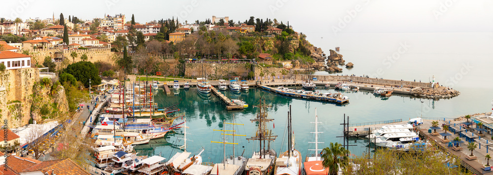 Antalya Turkey, 04 01 2022: It has a mooring capacity of 100 boats right in front of the city of Antalya. The depth inside the harbor is 6-7 meters.  The part to the starboard of the entrance is shall