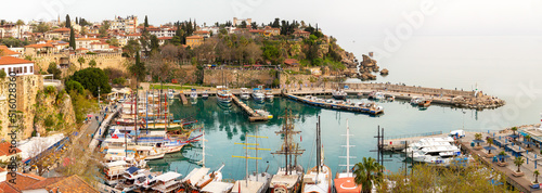 Antalya Turkey, 04 01 2022: It has a mooring capacity of 100 boats right in front of the city of Antalya. The depth inside the harbor is 6-7 meters.  The part to the starboard of the entrance is shall