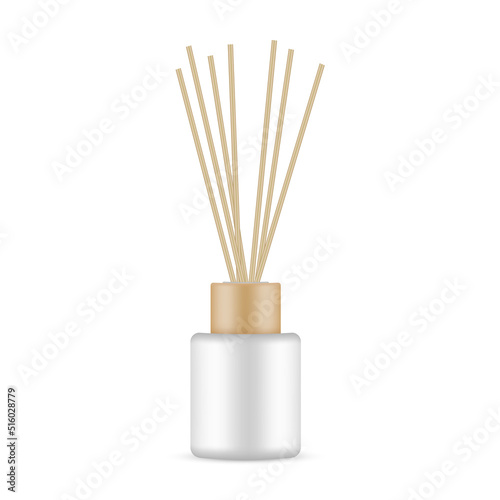 Blank Diffuser Bottle With Wooden Aroma Sticks, Isolated on White Background. Vector Illustration