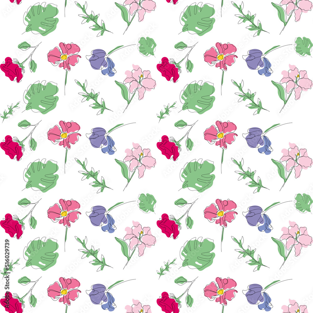 seamless pattern of one line flowers on a white background multicolored