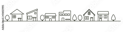 町の家々の線画イラスト