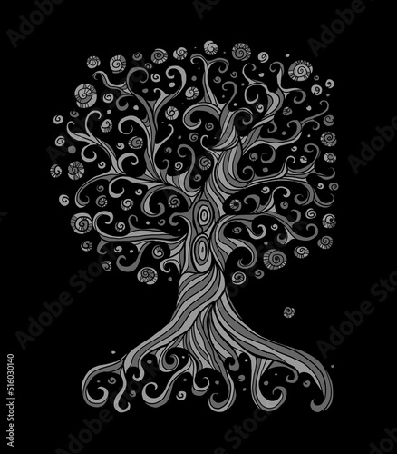 Old big family tree with roots on black background. Concept Art for your desi...