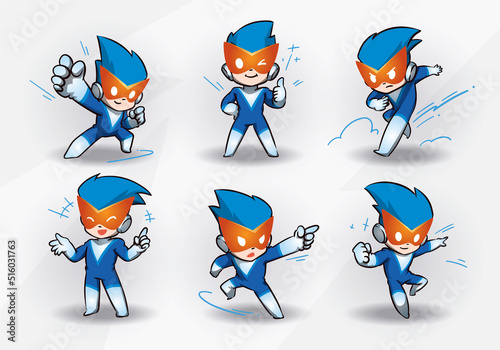 Super Hero Blue Boy Mascot Character Set	