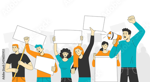 Activists at the demonstration, men and women. Angry people with placards and megaphone protest. Vector trendy flat illustration