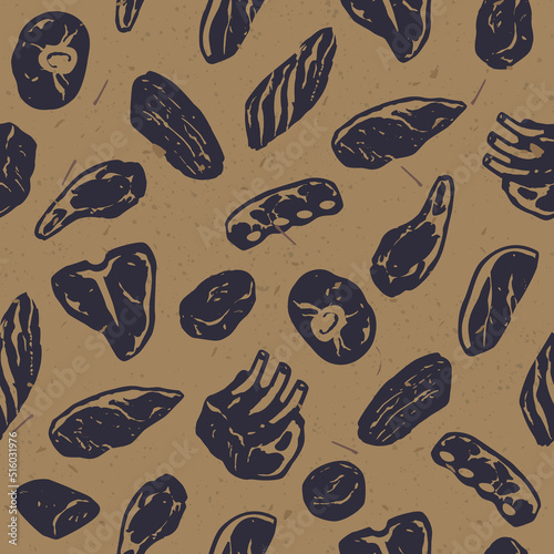 Seamless pattern with hand drawn icons of beef cuts, wrapping paper design for butcher shop, barbecue restaurant menu template