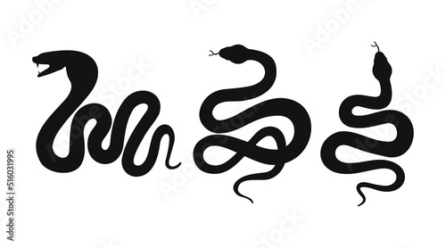 Collection of vector snakes. Silhouettes of a black cobra on a white isolated background. Viper, vector illustration.