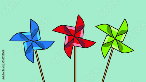 Three colorful pinwheel vector illustration