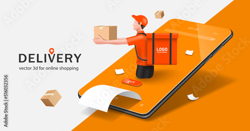 Food delivery man in orange uniform pop-up on smartphone screen is holding a parcel or food box handed to a customer and he sling a backpack to deliver food behind him,vector 3d for delivery concept