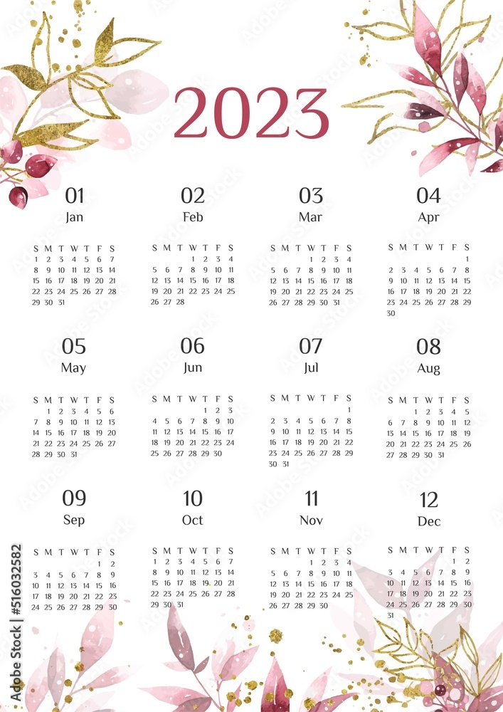 Vector illustration. Colorful calendar 2023 template. Week Starts on  Sunday. Wall calendar with flower on white background. Printable template  Stock Vector | Adobe Stock