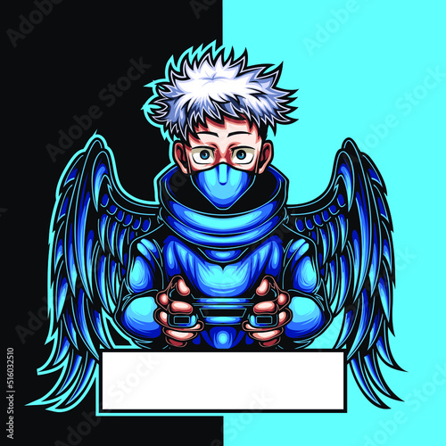 mascot esport boy angel character logo gaming blue wings costume with joystick and blue jacket. Logo gaming for team squad.logo vector character boy wings for gaming.