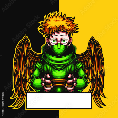 mascot esport boy angel character logo gaming yellow wings costume with joystick and green jacket. Logo gaming for team squad. logo vector character boy wings for gaming.