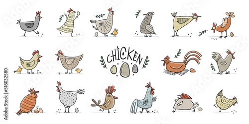 Funny Chicken and Rooster characters. Icons collection isolated on white for your design