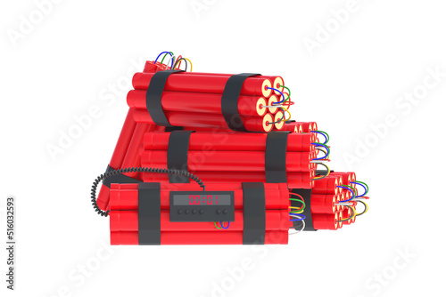 Heap of dynamite bombs with digital timer isolated on white background. 3d rendering