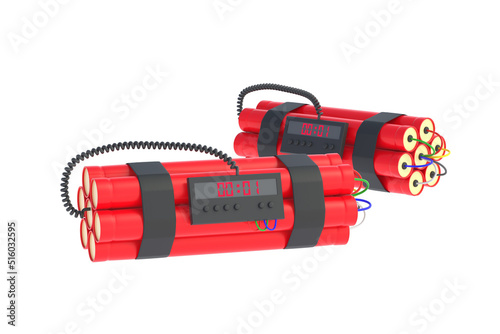 Two dynamite bombs with digital timer isolated on white background. 3d rendering