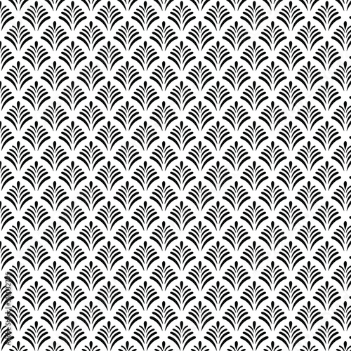 Abstract seamless geometric leaves pattern vector background. White and black ornament. 