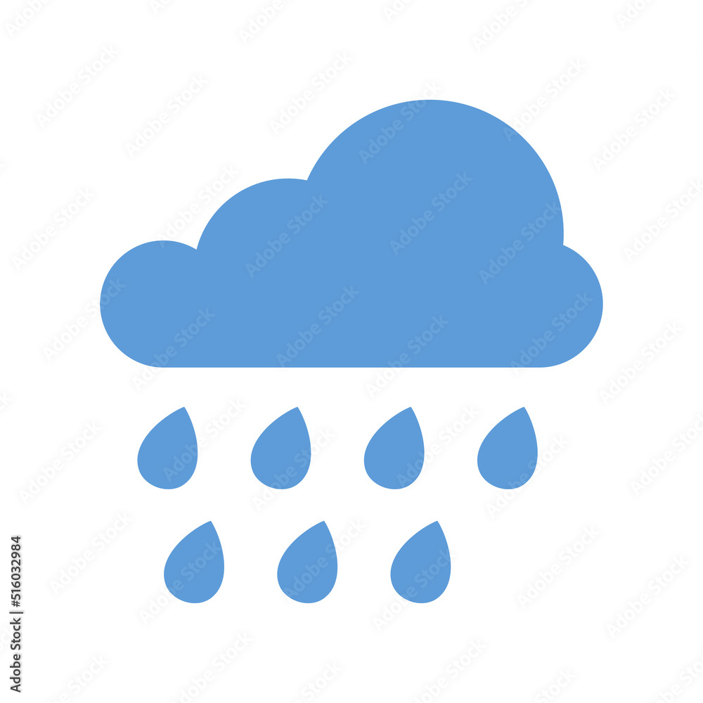 Blue cloud with rain drops. Flat vector icon.
