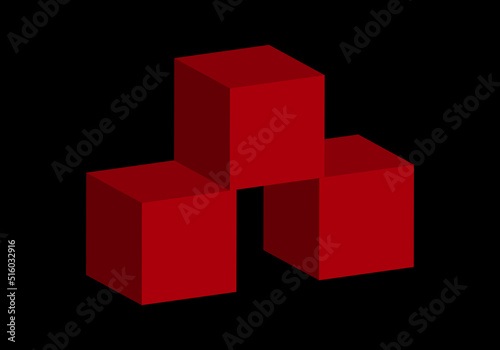 3 cubos rojos en 3D sobre fondo negro