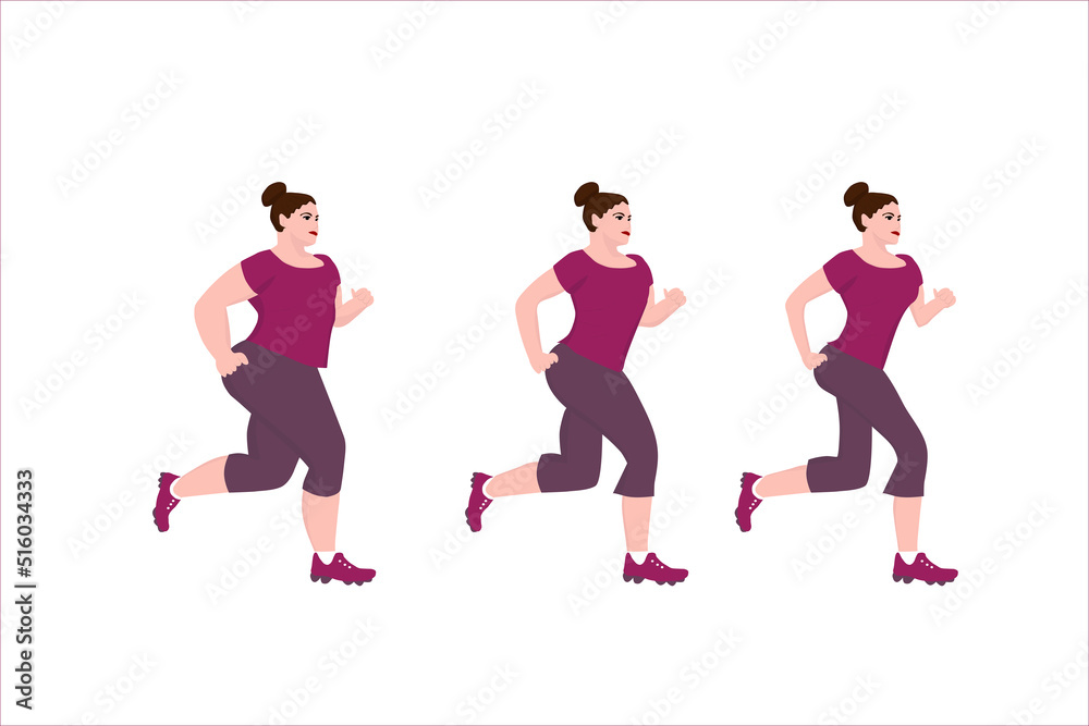 Overweight woman running to lose weight. Physical fitness to be fit. Vector flat illustration Overweight woman running to lose weight. Physical fitness to be fit. Vector flat illustration
