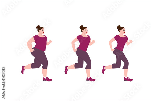 Overweight woman running to lose weight. Physical fitness to be fit. Vector flat illustration