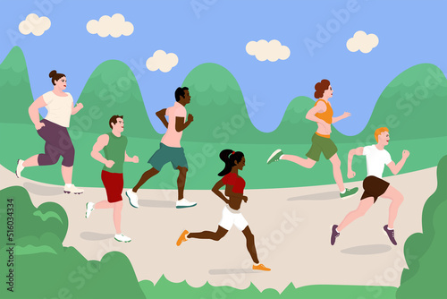 Different people running in park. Outdoor physical fitness. Flat vector illustration