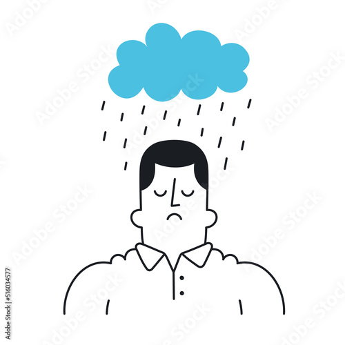 Man with raincloud above his head. Bad mood, depressive thoughts, sadness. Outline, linear, thin line, doodle art. Simple style with editable stroke.