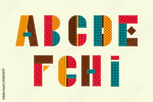Colorful patchwork english alphabet. Isolated quilt letters in scrapbook style.