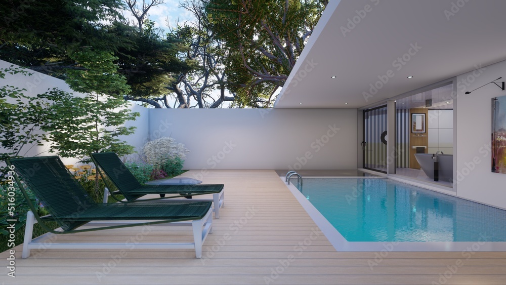 Swimming pool and wooden deck beside Master bathroom design 3d illustration