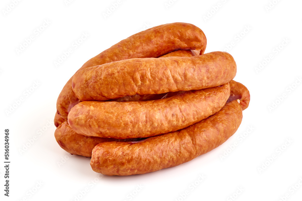 Smoked german bratwurst sausages, isolated on white background. Smoked german bratwurst sausages, isolated on white background.
