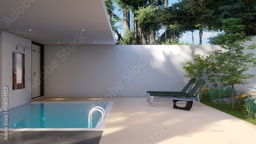 Swimming pool and wooden deck beside Master bathroom design 3d illustration