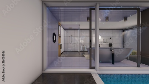 Swimming pool and wooden deck beside Master bathroom design door opened 3d illustration