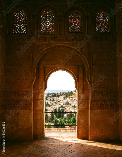 View of the Albaicin district Granada through the window of Generalife Alhambra