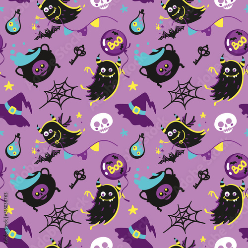 Cute monster and skull, halloween illustration for kids product. Seamless pattern for fabric, wrapping, textile, wallpaper, clothes. Vector.