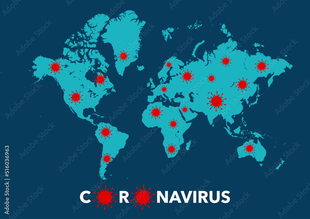 Fototapeta premium Coronavirus global spread outbreak background design. Worldwide map. Stop omicron.