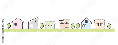 町の家々の線画イラスト