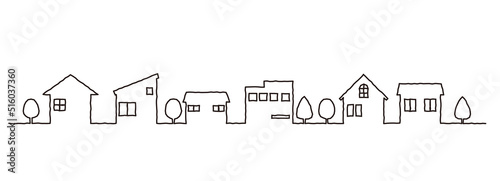 町の家々の線画イラスト