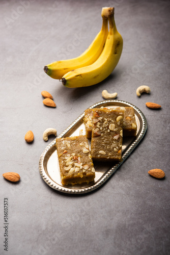 Banana Burfi or pakke kele ki barfi is a delicious Indian dessert made during festivals and special occasions photo