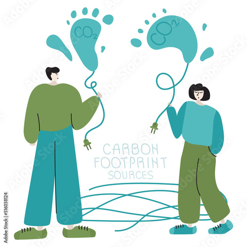Concept with couple production, start up CO2. Sources polluted the world. Global problem with big emissions co2. Vector illustration green politics, BIG massage for carbon-neutral, hand drawn art.