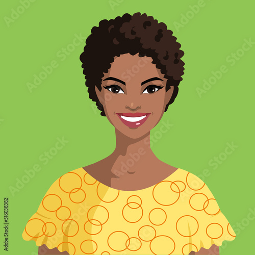 Portrait of a smiling young black woman with a short haircut. African girl isolated on green background. Avatar of a happy dark-skinned woman in yellow clothes. Vector.