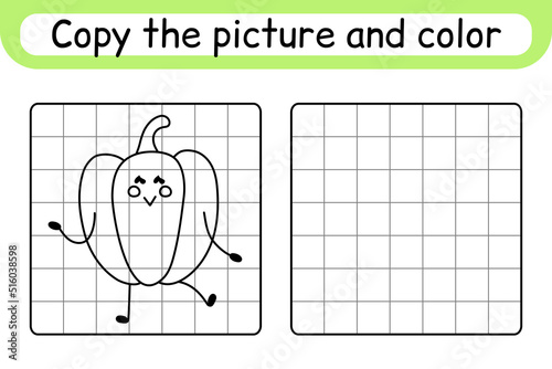 Copy the picture and color pepper. Complete the picture. Finish the image. Coloring book. Educational drawing exercise game for children
