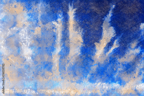 Unusual arrangement of clouds in sky. White puffy clouds in form of rays spread out from horizon. Birds flying in blue sky. Natural background. Daytime. Heavenly landscape. Digital watercolor painting